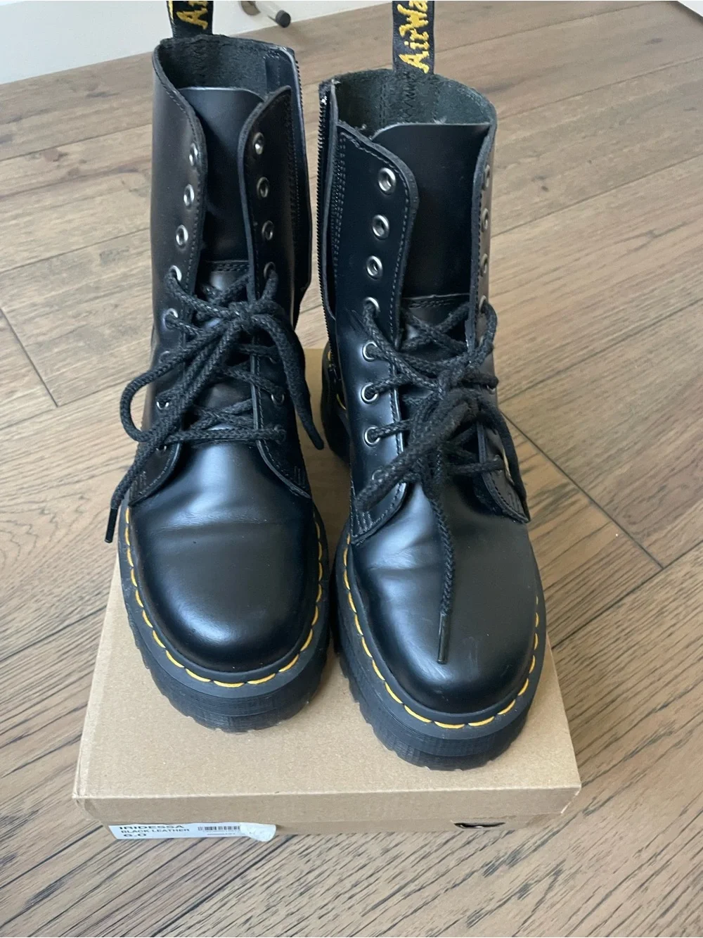 Dr. Martens Black Lace-Up Platform Boots with Yellow Stitching